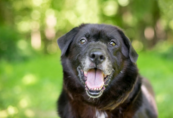 A black senior mixed breed dog outdoors with a happy expression