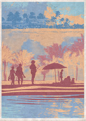 Beach vacation. Decorative background with people on the beach, palms and textures. Raster Version Illustration. 