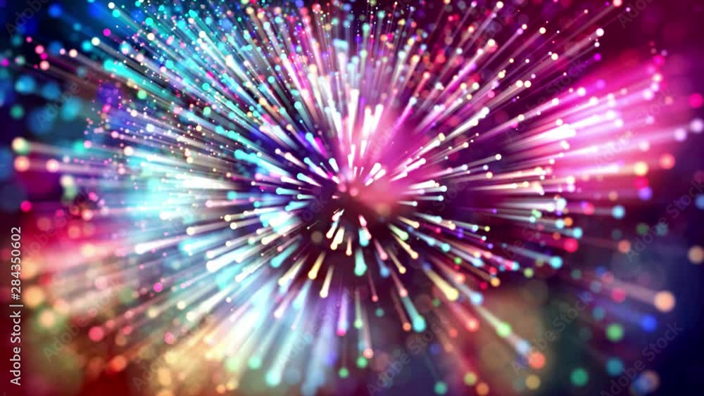 Poster 4k abstract background with multicolor light rays like laser show, with shining bokeh sparkling part