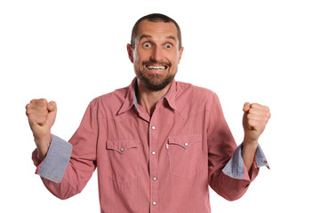 Naklejka premium Middle-aged man with beard, mustache and short haircut posing isolated on white background. Sincere emotions concept.