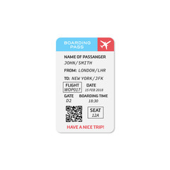 Modern and realistic airline boarding pass design with flight time and passenger name. vector illustration