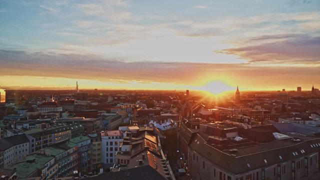 Panoramic view of Munich during sunset, Germany. Munich is the capital and most populous city of Bavaria, the second most populous German federal state. Real time establishing shot.