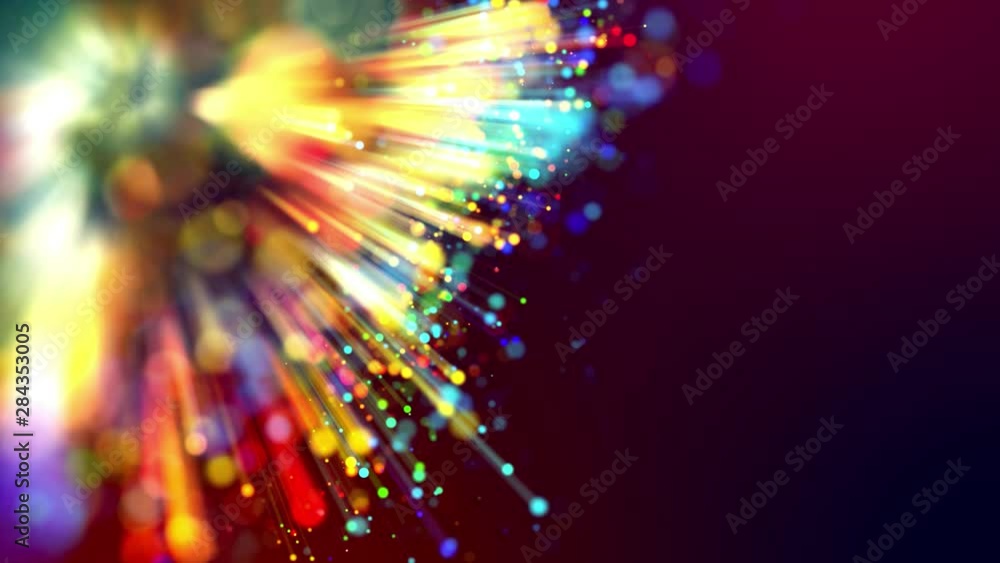 Poster 4k abstract background with multicolor light rays like laser show, with shining bokeh sparkling part