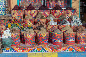 Fototapeta na wymiar Traditional spices bazaar with herbs and spices in street old market in Sharm El Sheikh, Egypt. close up
