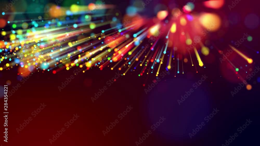 Poster 4k abstract background with multicolor light rays like laser show, with shining bokeh sparkling part