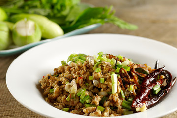 Spicy Northern Thai-Style stir fried minced chicken salad