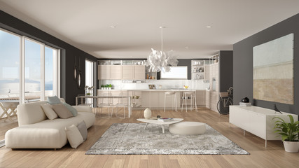 Penthouse living room and kitchen interior design, lounge with sofa and carpet, dining table, island with stools, parquet. Modern minimalist white and gray architecture concept idea