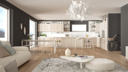 Fototapeta premium Penthouse living room and kitchen interior design, lounge with sofa and carpet, dining table, island with stools, parquet. Modern minimalist white and gray architecture concept idea