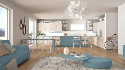 Penthouse living room and kitchen interior design, lounge with sofa and carpet, dining table, island with stools, parquet. Modern minimalist white and blue architecture concept idea