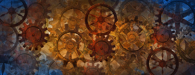 Blue and rusty steampunk banner with gears and wheels  - obrazy, fototapety, plakaty