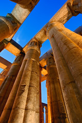 Skyward view of massive columns at sunset, Luxor Temple located at modern day Luxor or ancient Thebes