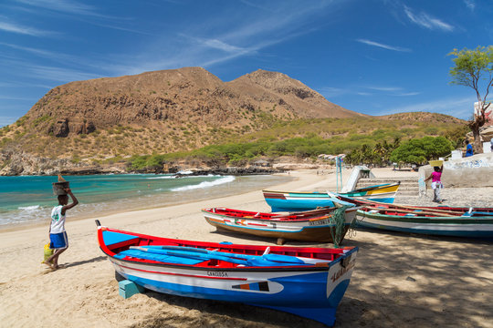 Fishing boats on beach, Tarrafal, Santiago Island, Cape Verde