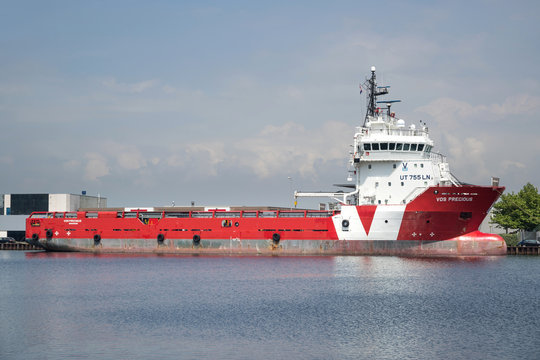 BEVERWIJK, THE NETHERLANDS - June 15, 2018: Platform-supply vessel VOS PRECIOUS. VOS (Vroon Offshore Services) is a leading maritime offshore-services supplier.