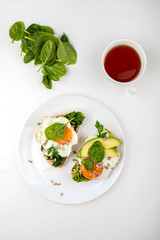 Breakfast on the white background. Fried eggs on a toasts bread with avocado, spinach and seeds on a white plate with cup of tea. Top view.