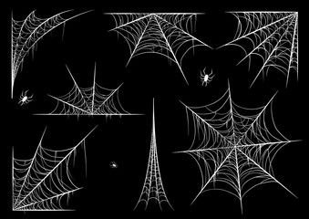 Spiderweb set, isolated on black transparent background. Cobweb for halloween, spooky, scary, horror decor with spiders.