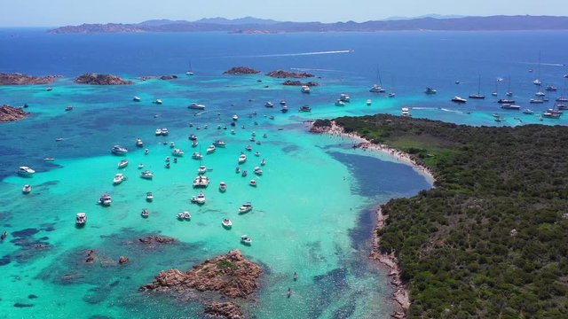 Drone aerial view of Santa Maria and Budelli islands in Maddalena Archipelago, Sardinia, Italy.