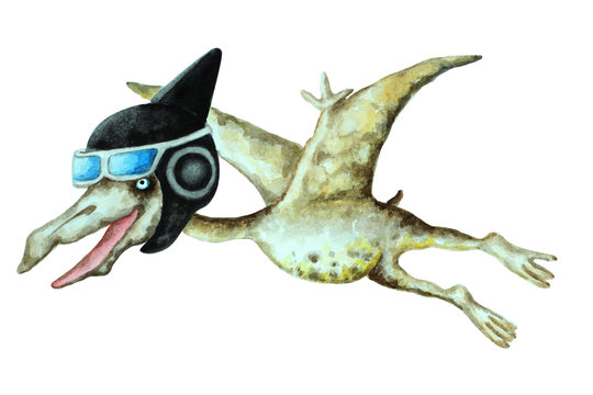 Flying funny dinosaur pterodactyl in a helmet, hand drawn watercolor.