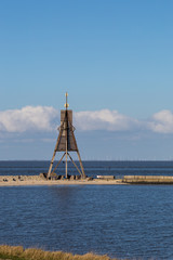North Sea Germany, Kugelbake, old sea sign and landmark symbol of Cuxhaven, popular tourist destination