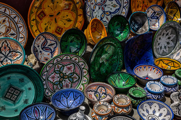 Marrakech, Morocco. Moroccan ceramics, plates, bowls, tagines