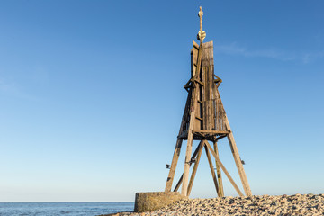 North Sea Germany, Kugelbake, old sea sign and landmark symbol of Cuxhaven landscape mode