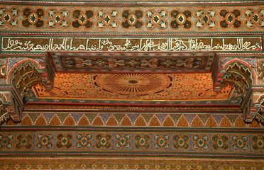 North Africa, Morocco, Marrakesh. Painted cedar woodwork of El Bahia Palace