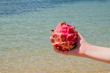 Dragon fruit in the sand on a background of palm trees. Raw food