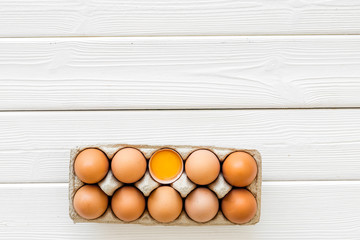 Blog pattern with eggs on white wooden background top view copyspace