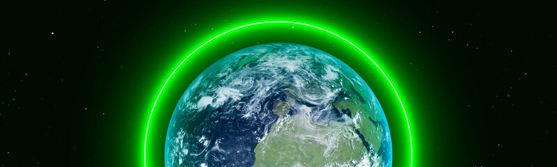 Clean environment planet Earth concept with the planet surrounded by a green haze boundary panoramic