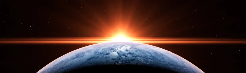 Poster Ochtendgloren Zonsopgang boven het concept van de planeet Aarde met een felle zon en flare en panoramische stadslichten