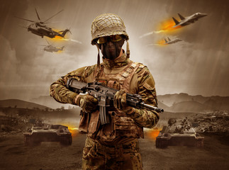 Armed soldier with sniper in the middle of a war