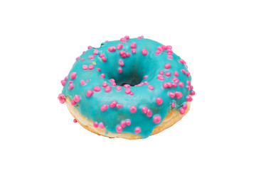 Blue donut with bright sprinkles, isolated, background, food concept