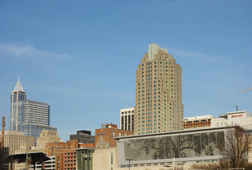 RALEIGH,NC/USA - 2-07-2019: View of downtown Raleigh NC skyline, including the Cree shimmerwall in the foreground