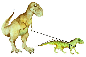 Dinosaur Tyrannosaurus rex walking a small dinosaur on a leash, hand drawn watercolor.