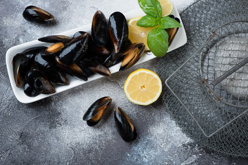 Plate of raw fresh mussels on a light-grey stone background with metal cage, high angle view, studio shot