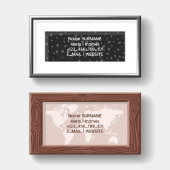 Photo frame set of business cards vector illustration. Contact information of decorative accessories. Buying in shop or store with fillets. Adress, phone number, website, email.