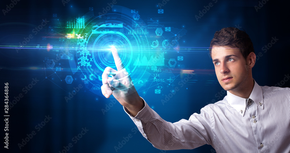 Poster man touching hologram screen displaying medical symbols and charts