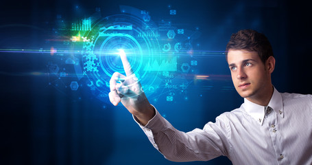 Man touching hologram screen displaying medical symbols and charts