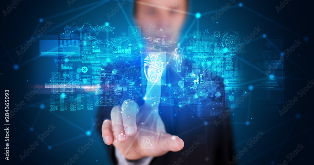 Poster Man accessing modern hologram personal database with fingerprint identification