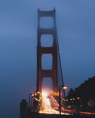 The Golden Gate Bridge on a foggy night