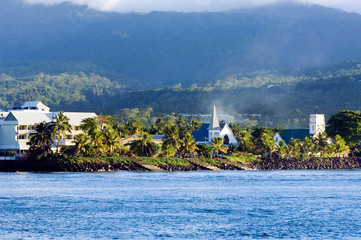 Aggie Greyís Hotel (left) and local churches in Apia, Upolu Island, Western Samoa - obrazy, fototapety, plakaty