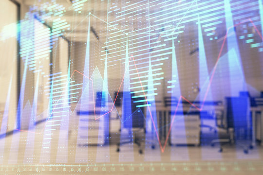 Stock and bond market graph and world map with trading desk bank office interior on background. Multi exposure. Concept of international finance © Andrey