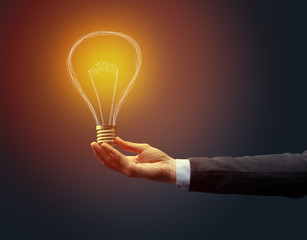 Hand holding light bulb on dark background. New idea concept