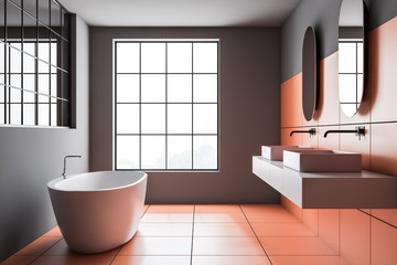 Fototapeta na wymiar Gray and orange tile bathroom interior