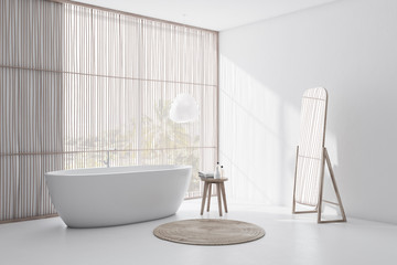 Light wooden and white bathroom corner with tub