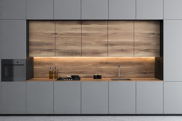 Gray minimalistic kitchen with countertops