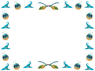 Watercolor Halloween frame . Hand painted magic symbols on white background. Cauldron witch, broom, wizard's hat. Holiday design.