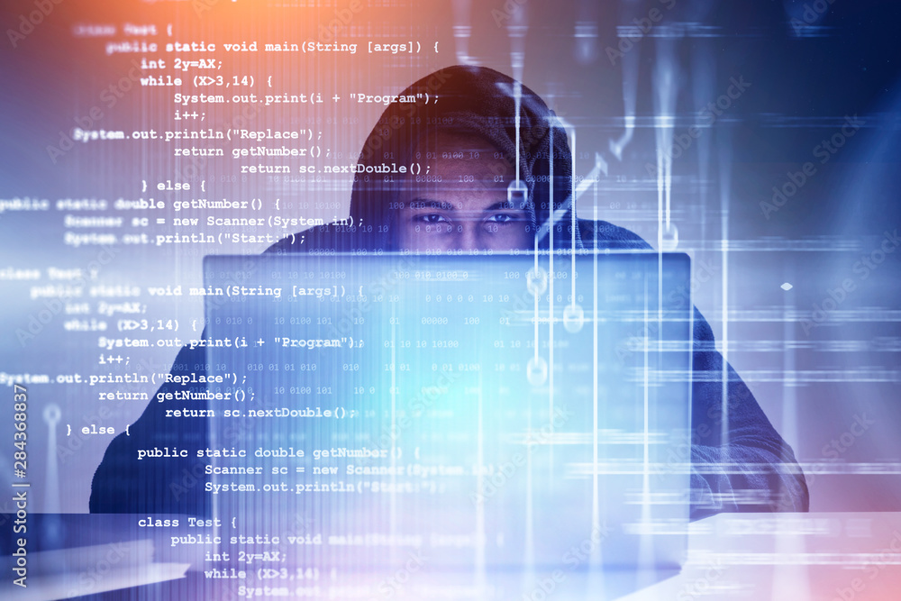 Poster young hacker working with laptop, code