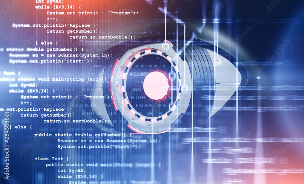 Poster robot eye and lines of code background