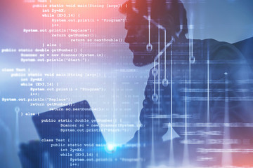 Silhouette of programmer, lines of code