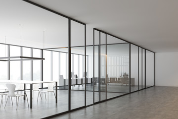 Glass office hall with meeting room